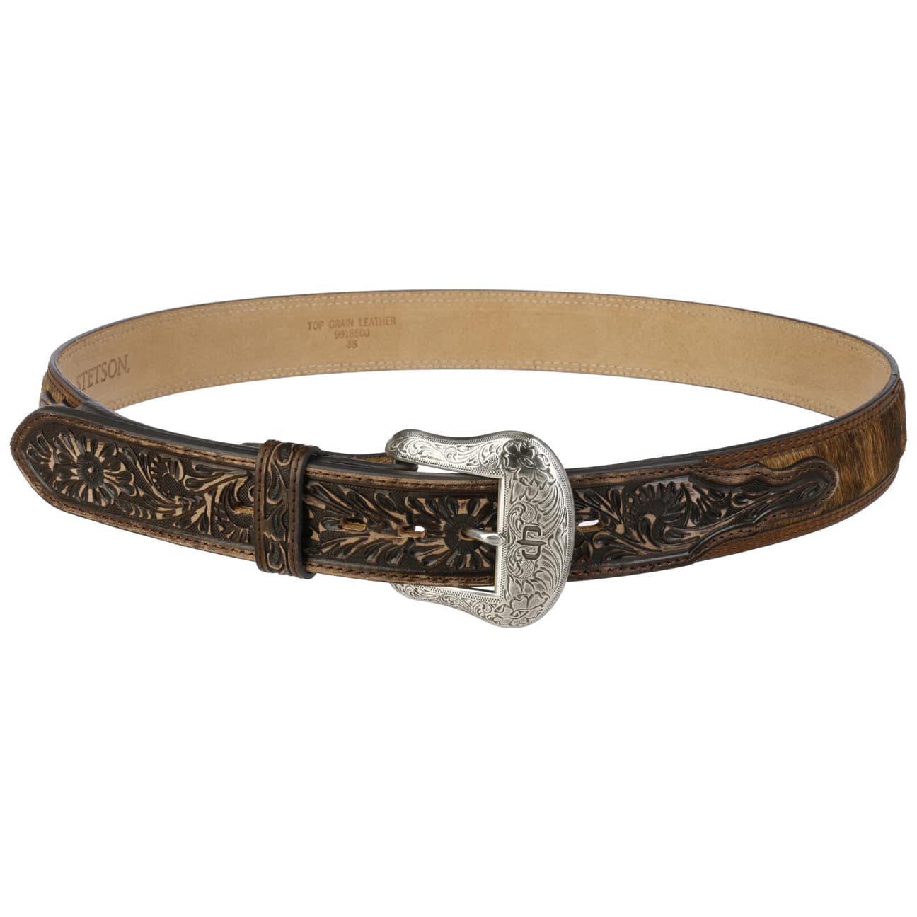Hair-on-Hide Tooled Leather Belt --> - Main Image